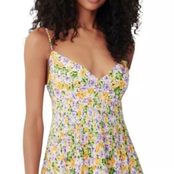 Nicholas Susan Pleated Floral Print A-Line Sleeveless Linen Maxi Cocktail Dress - Picture 8 of 15